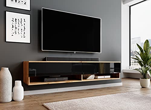 Furnix - Alyx - Meuble TV bas - 180 x 34 x 32 cm (l x H x P) - Sans éclairage LED - 2 compartiments avec porte « Push-Click » - 2 étagères ouvertes en bas - Montage mural possible