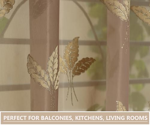 Image of IVAZA Polyester Semi-Transparent Leaf Embroidered Curtain ? Sheer Voile Panel with Eyelets ? Lightweight & Airy ? Ideal for Living Room, Bedroom, Balcony Long Door- 9 Feet (Pack of 2) Beige
