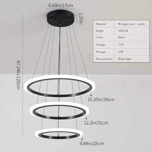 Image of Manraj Modern LED Chandelier, Acrylic 3-Ring Design, Ring Flush Mount Chandelier with Adjustable Hanging Cord Pendant Light Fixture, for Dining Living Room Bedroom (Black)