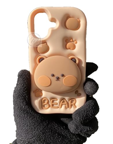 Image of Back Cover Compatible with iPhone 17 Soft Silicone 3D Cute Cartoon with Holder Full Protective Case for iPhone 17 (Bear)