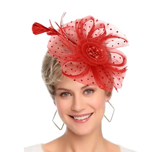 Fascinators Hat Women Tea Party Flower Cocktail Mesh Feathers Hair Clip Hat Wedding Red
