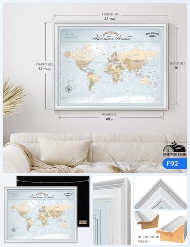 Image of IPIC - Framed World Map Wall Art, Custom Push Pin World Map with Names and Message on, Personalized Oversized Canvas Print Wall Decor for Home, Office, Study or RV, Ready to Hang
