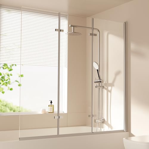 EMKE Badewanne Duschwand für Badewanne 130x140 cm, Badewannenaufsatz 3-teilig Faltbar Duschtrennwand für Badewanne Badewannenfaltwand 6 mm Sicherheitsglas Duschabtrennung Badewanne