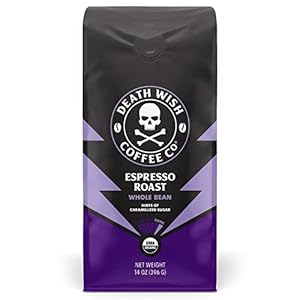 Death Wish Coffee Co. Whole Bean Espresso Roast – Extra Kick of Caffeine – Organic, Fair Trade, Arabica and Robusta Coffee Beans, 14 ounce (Pack of 1)