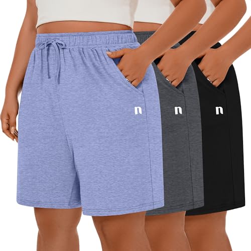 Neer 3 Pack Plus Size Women's Bermuda Shorts Cotton Drawstring High Waisted Casual Athletic Sweatpants Shorts with Pockets