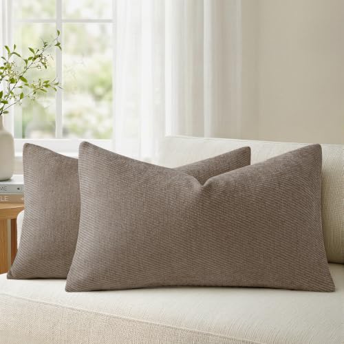 Image of a moment Pack of 2 Decorative Chenille Throw Pillow Covers with Twill Cushion Covers for Sofa Living Room Couch Bed 12x20 Inch Dark Brown