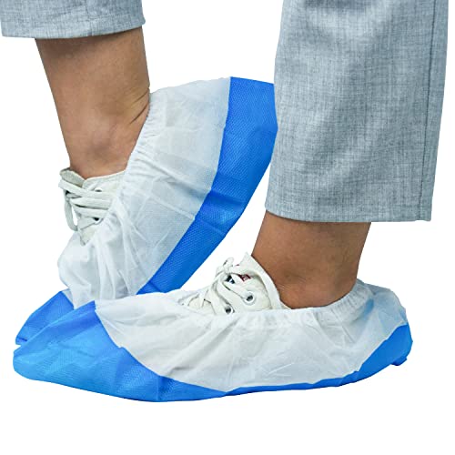 ARNOMED CPE+PP Schuhüberzieher Einweg, Weiße Überziehschuhe mit blauer Sohle, 50 Stk Überzieher Schuhe, Schuhschutz Überzug in Einheitsgröße: 17x40cm, reißfeste Überschuhe für die Baustelle