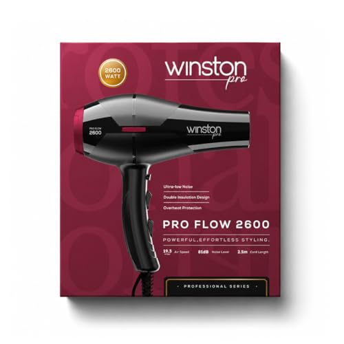 Image of Winston Pro Flow 2600 Watt Professional Hair Dryer with 3 Heat, 2 Speed Settings & 1 Cool Shot Interchangeable Nozzles for Smooth Salon Styling for Men & Women, All Hair Types
