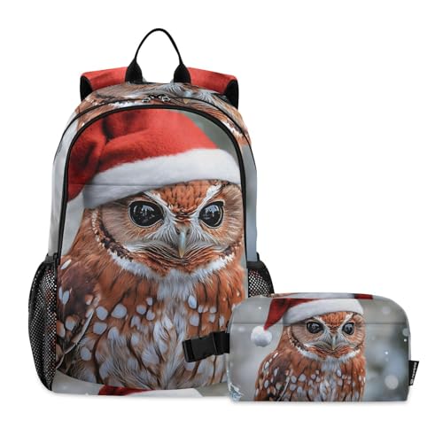 Travel Backpack Lunch Bag Set for Hiking Picnic, Backpacks with Insulated Lunch Box Christmas Owl Print