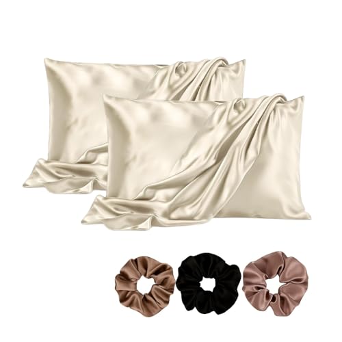 Image of Satin Pillow Covers Set of 2 - Soft & Smooth Pillowcases for Hair & Skin Care | Envelope Closure | Includes 3 Free Random Color Scrunchies | Frizz-Free Sleep Essentials (Beige)