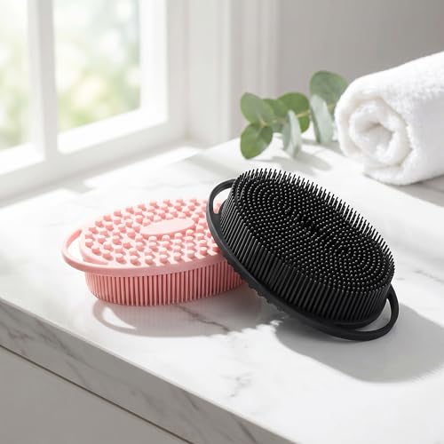 2 Pack Silicone Body Scrubber Body Brush Exfoliating Soft Loofah Premium Silicone Loofah Head Scrubber Scalp Massager/Brush Wet and Dry Easy to Clean (Pink+Black)