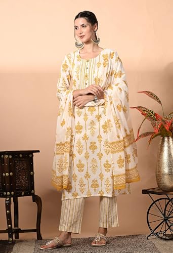 Image of Amazon Brand - Tavasya Women Cotton Anarkali Kurta Pant Dupatta Set | Printed Ethnic Suit Set | Flared Anarkali Kurta with Pant & Dupatta | Festive & Casual Wear