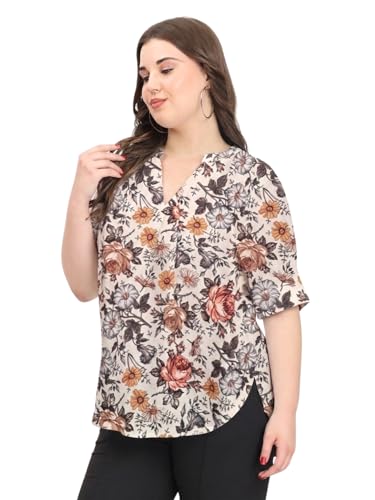 Image of SINDOORI Relaxed Fit Tops for Women Plus Size Solid Printed Mandarin Collar, Band Collar, V-Neck Top, Half Sleeve Loose Fit