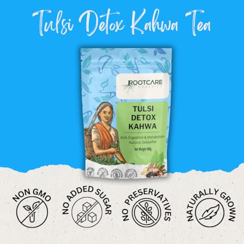 Image of Rootcare Organics green tea for weight loss Tulsi Detox Kahwa 100g Pack Of 1 Month Herbal Tea Loose Leaves Helps Improve Digestion Rich in Antioxidants with Tulsi Ginger Clove Black pepper Cinnamon