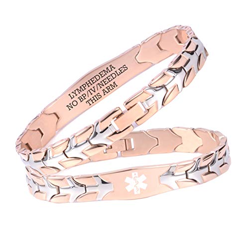 linnalove Rose Gold Flying Fish Medical Alert Bracelets for Men and Women 8.5 Adjustable with pre Engraving:Lymphedema NO BP IV Needles This ARM