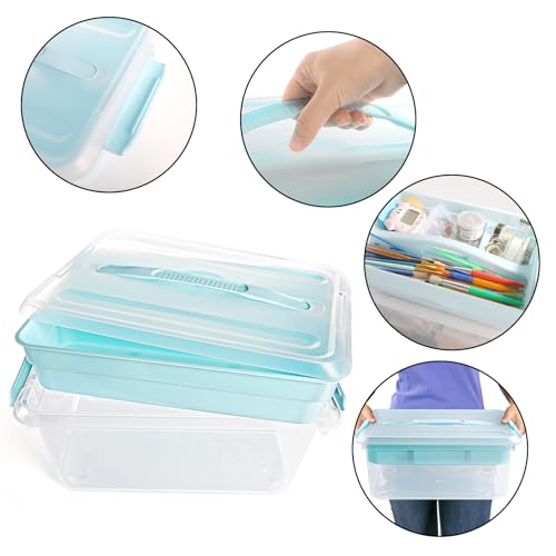 Image of Yesland Stack & Carry Box with Removable Tray, 16 x 11 x 6.5 Inch Plastic Art Supply Storage Organizer Craft Storage Containers with Handle, Portable Organizer Bin for Stationery Sewing Jewelry, Blue