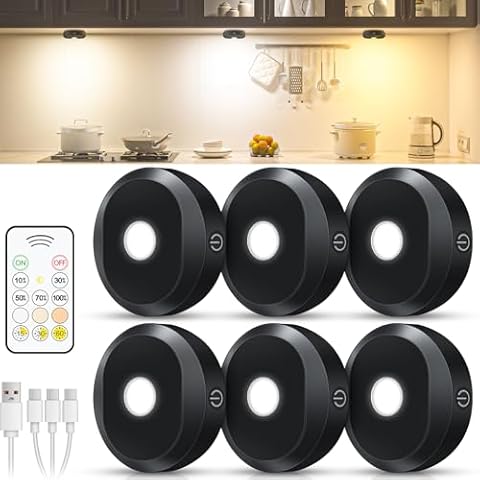 WILLED Under Cabinet Lighting Wireless,Rechargeable Puck Lights with Remote Control,Battery Tap Light Stick On,3 Colors and Timer Function LED Lights for Kitchen,Cabinet,Counter,Closet,Shelf,6 Pack Cover