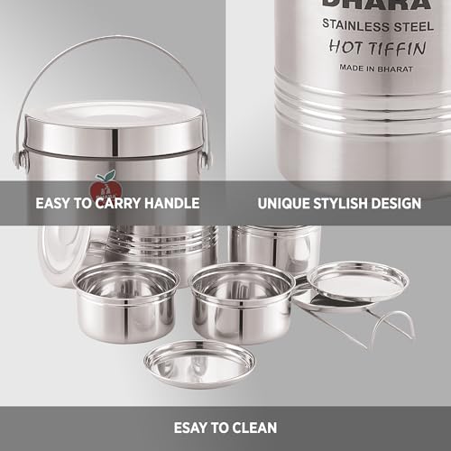 Image of Dhara Stainless Steel Insulated Tiffin Carrier 4 Container Lunch Box 1300ml, Leak Proof Steel Compartment Tiffin with Handle for Office & Travel