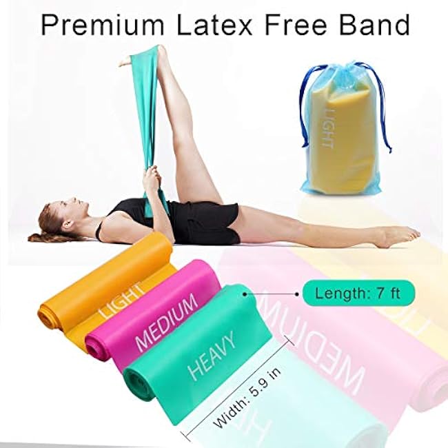 Coolrunner 7FT. Long Latex Free Elastic Flat Exercise Band Set of 3 with Carry Bag, Wide Fitness Resistance Bands for Pilates, Gym, Physical Therapy, Yoga, Carry Bag, Green & Yellow & Rose Red