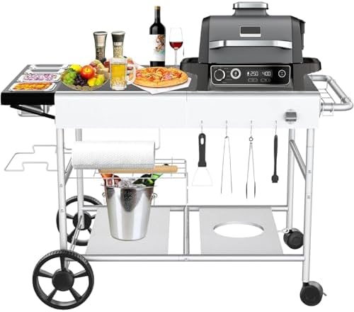 GFTIME 128 x 64 x 78 cm carro de barbacoa para Weber Q Serie, Ninja Woodfire, horno de pizza, barbacoa de mesa, mesa de barbacoa con gran superficie de trabajo, carrito de servir al aire libre jardín