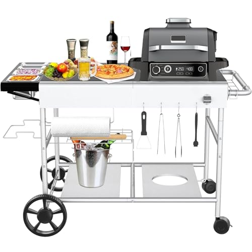 GFTIME 128 x 64 x 78cm Grillwagen Servierwagen für Weber Q Serie, Ninja Woodfire, Pizzaofen, Tischgrill,Grilltisch mit großer Arbeitsfläche, Outdoor Servierwagen Garten Trolley