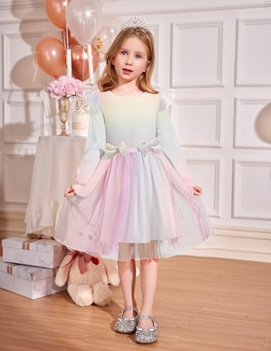 Image of Arshiner Toddler Girls Tulle Dresses with Bow Tie Fall Winter Long Sleeve Formal Party Dress 1-7 Y