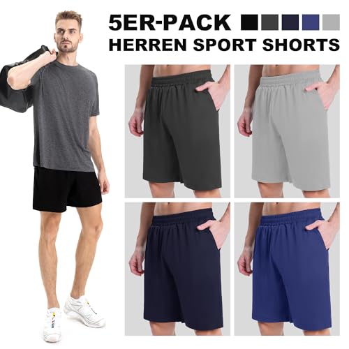 AKKQHH 5er-Pack Sporthose Herren Kurz Laufhose Kurze Hose mit Tasche Laufshorts Atmungsaktiv Schnell Trocknend Sportshorts Jogginghose Herren für Gym Sommer(Schwarz*2+Dg+Db+Hg,L)