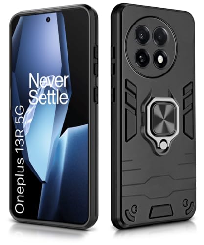 Image of WOW IMAGINE Shock Proof Back Case Mobile Cover for 1+ OnePlus 13R 5G | Back Cover Case (Tough Armor | Hybrid PC + TPU | Ring Holder & in-Built Kickstand | Black)