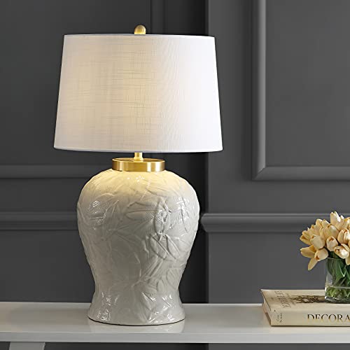 JONATHAN Y 31.5" Cream Ceramic Palm Leaf Table Lamp, Bohemian Cottage Tropical Pattern Lamp for Bedroom Living Room, White Linen Empire Shade, LED Bulb Included JYL6617A by JONATHAN Y - Image 2