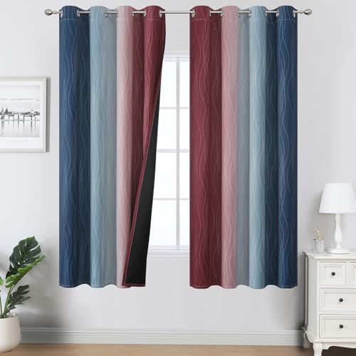 Image of Estelar Textiler Navy Blue and Burgundy Red Blackout Ombre Curtains for Bedroom 63 Inches Long, Gradient Light Blocking Thermal Insulated Grommet Drapes for Living Room,52Wx63L,2 Panels