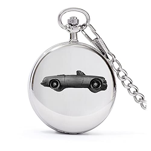 Montre gousset à quartz en étain poli argenté avec superbe gravure de voiture Roadster