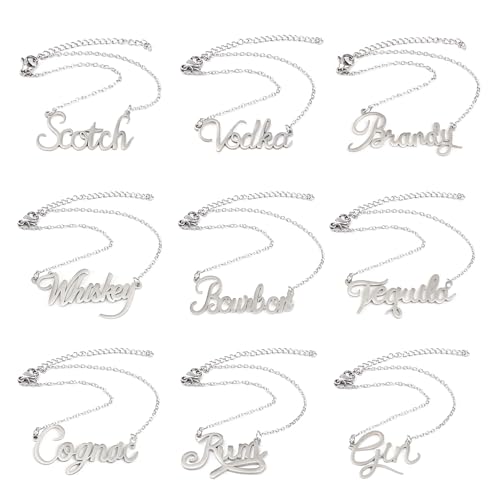 Huiflyer Decanter Tags Silver Spirit Label Necklaces 9.21 inch Adjustable Chain Set of 9 Drink Labels - Scotch Vodka Brandy Whiskey Bourbon Tequila Cognac Rum Gin