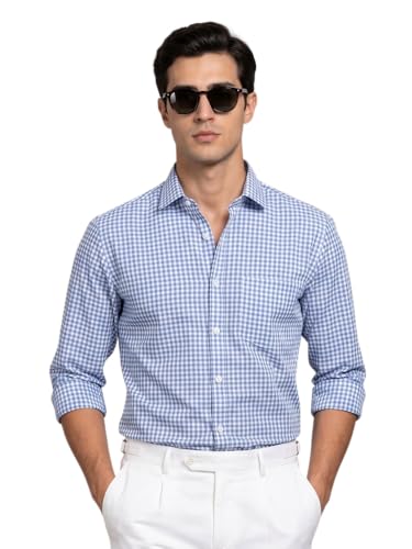Afflatus Men's Classic Gingham Check Slim Fit Button-Down Dress Shirt | Long Sleeve Cotton Casual Formal Wear | Plaid Checkered Shirt for Men | Business Casual Office Wear Sky