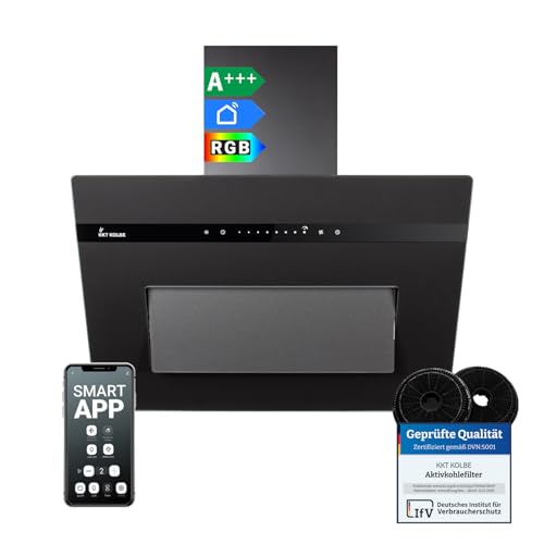KKT KOLBE A+++ Dunstabzugshaube 60 cm 782 cbm/h Umluft Abluft Kopffrei Wandhaube | Glas Matt Schwarz | Nachlaufautomatik | Smart WiFi App WLAN | SensorTouch | RGBW LED-Beleuchtung | PLOOM6005S
