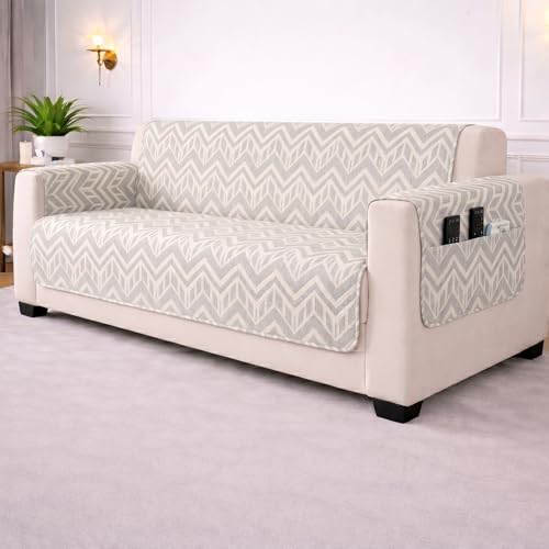Image of STITCHNEST 'CloudFeel Series' Quilted Printed Velvet Sofa Cover for 1 Seater | Premium Soft Velvet Sofa Protector | Grey Chevron Geometric Design with Armrest Pockets | Furniture Cover