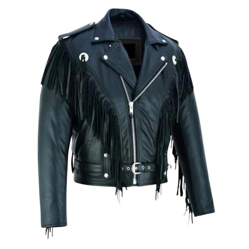 Mens Black Fringed Tassle Biker Leather Jacket- Western Cowboy Fringe Leather Jacket2
