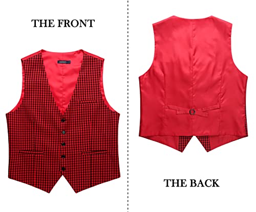 Hisdern Men's Red Dress Vest Formal Slim Fit Cotton Plaid Vests Casual Checkered Waistcoat For Men Business Wedding Vests For Tuxedo With Pockets #TOP4