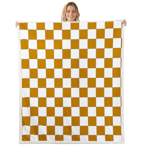 Image of Erosebridal White Yellow Checkered Fleece Bed Blanket Buffalo Plaid Grid Throw Blanket Queen 90 inchX90 inch for Kids Teen Adults Checkerboard Sherpa Blanket Aesthetics Geometric Gingham Flannel Blanket