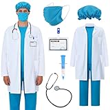 NEUFOOD Arzt Kostüm Herren,Karneval Arzt Kostüm für Erwachsene mit Arztkittel, Doktorhut, Arztmaske, Oberteil, Hose und Stethoskop Requisiten für Karneval Halloween
