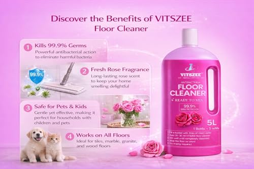 Image of VITSZEE Floor Cleaner 5L | Ready to Mix | Disinfectant Surface liquid | Kills 99.9% Germs | Long Lasting Fragrance | Suitable for Tiles, Marble, Kitchen & Bathroom (5 Litres, Rose Fragrance)