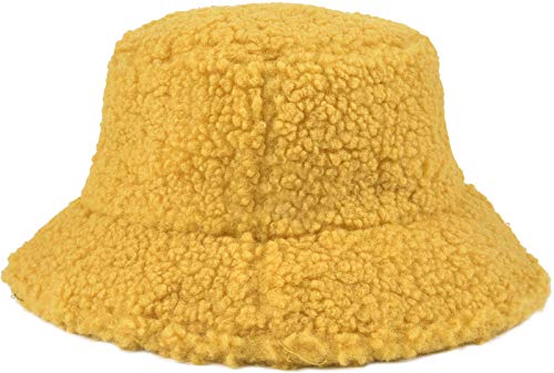 Qzunique Women's Faux Fur Bucket Hat Teddy Style Winter Hat Fisherman Hat Warm Windproof Hat For Women For Girls Yellow #TOP1
