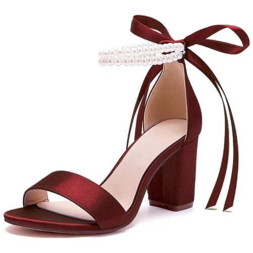 Image of Women's Open Toe Pearl Wedding Shoes for Bride High Heels Sandals Satin Bridal Block Chunky Heels Ankle Strap Prom Evening Party Pumps