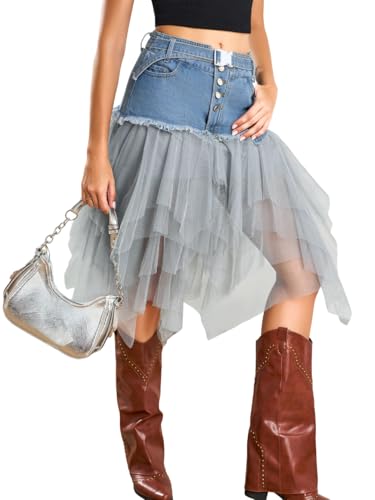 Kaei&Shi Denim Patchwork Skirt,Low Rise Jean Tulle Skirts for Women,2000S Goth Club Rave Outfit