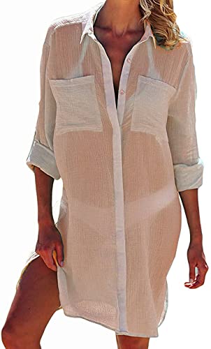 ♥ Caratteristiche：Copricostume Donna Mare, Adotta colletto a punta, chiusure frontali con bottoni e design con spalle scese. Questa maglietta ha maniche lunghe con linguetta arrotolabile, doppie tasche applicate sul petto e orlo curvo con spacchetti laterali, è al passo con la tendenza.