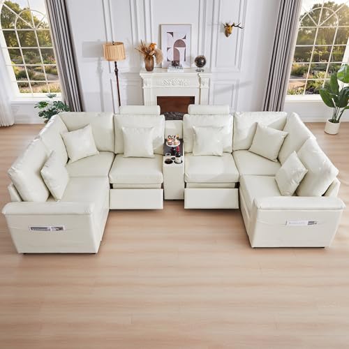 Image of RARZOE Faux Leather Sectional Sofa with 2 Power Recliner, U Shaped PU Leather Couch with Storage Console Charging Cup Holders, 6 Seater Oversized Modular Reclining Couches for Living Room,Beige