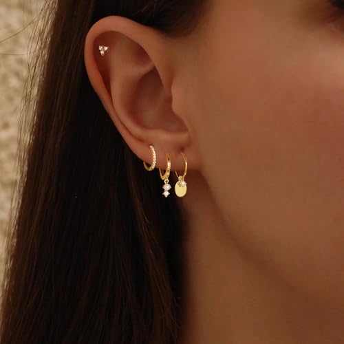 Image of Gold Plated Earrings for Women, 14k Gold Plated Earring Stack Hypoallergenic Pearl Drop Earring Dainty Earrings for Women Trendy Cute Small Huggie Hoop Earring Fashion Womens Jewelry