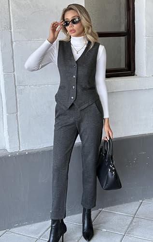 Women's 2 Piece Outfits Wool Blend Vest Waistcoat Dressy Casual Sets Winter Thick Cropped Pants Suits2