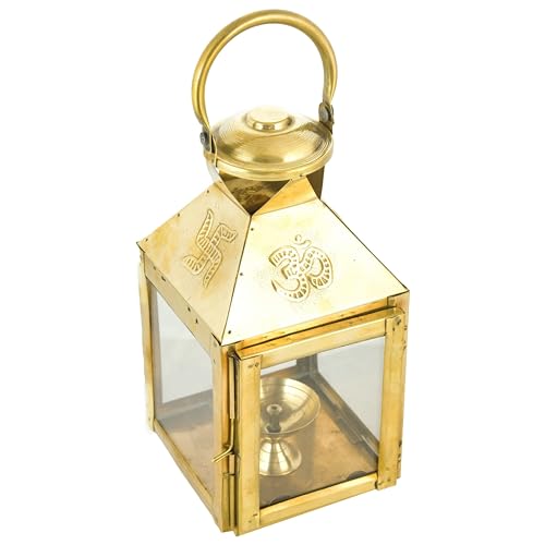 Image of Handicraft Akhand Diya With Glass Cover Brass, Akhand Diya For Home Temple Puja-Medium, Gold