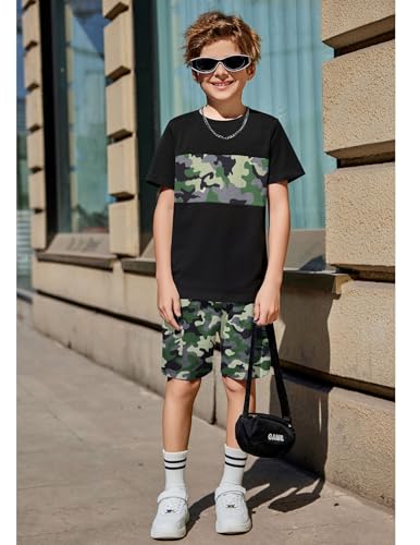 Image of Arshiner Boys' 2-Piece Cotton Outfit Color Block T-Shirt and Shorts Set Summer Camo Clothes for Kids 5-14 Years