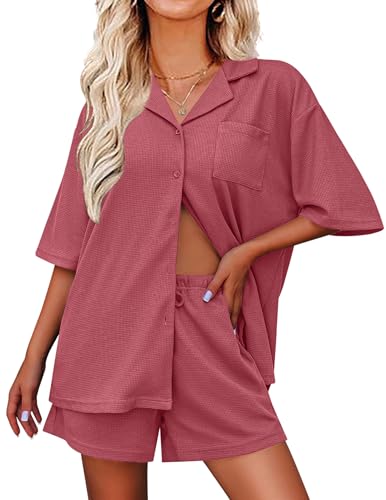 Ekouaer Pajamas for Women Waffle Knit Lounge Set Button Down Loungewear Soft Short Sleeve Pjs Shorts Set S-XXL